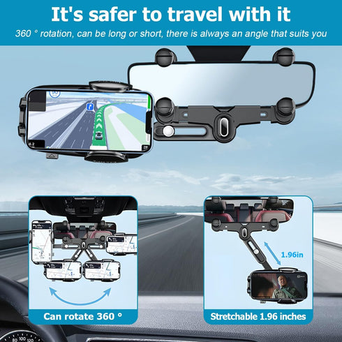 Car Rear View Mirror Phone Holder, 360° Rotatable & Retractable Auto Clip Mobile Mount, Universal for All Phones