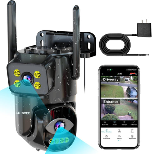 Dual Lens WiFi Security Camera Outdoor, PTZ Auto Tracking, HOM Security Surveillance System, Night Vision, 24/7