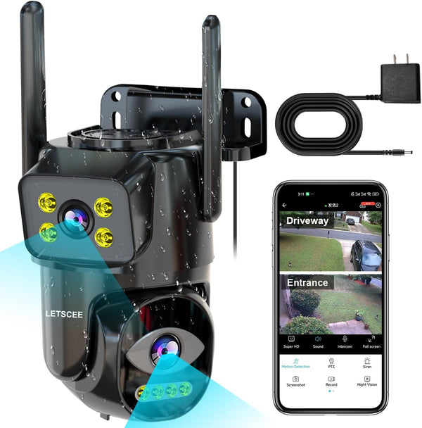 Dual Lens WiFi Security Camera Outdoor, PTZ Auto Tracking, HOM Security Surveillance System, Night Vision, 24/7