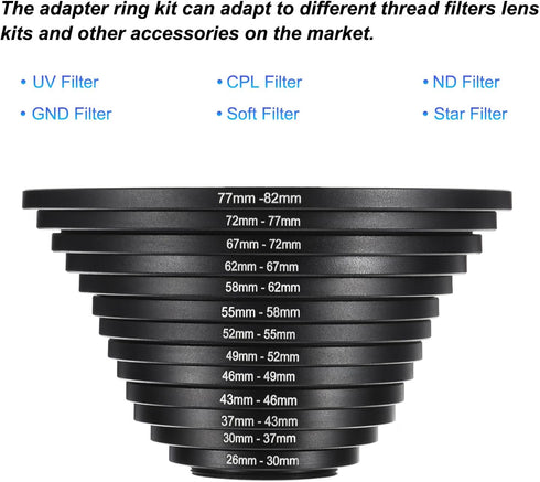 PATIKIL 13pcs Step Up Ring, Aluminum Filter Adapter Set for Camera Lens Hood
