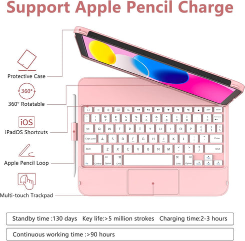 TaIYanG iPad 10th Generation Case with Keyboard, 10.9" 2022, 360° Rotatable Touch Keyboard, Pencil Holder, Touch