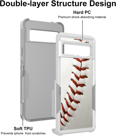 Google Pixel 7 Case, Baseball Sports White Pattern Shock-Absorption Hard PC and Inner Silicone Hybrid Dual Layer Armor