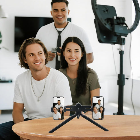 SnowTing Dual Phone Holder with Desk Tripod, Black Adjustable Universal Smartphone Stand for Video Recording Vlog Live