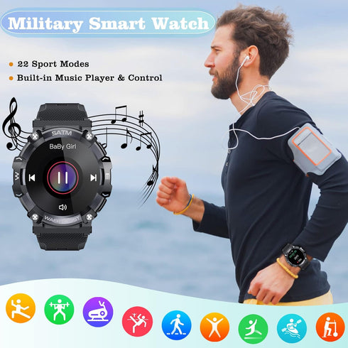 Goodatech Military SmartWatch 1.39" for Men Women, Phone Call, 5ATM IP68 Waterproof, Fitness Tracker, Black