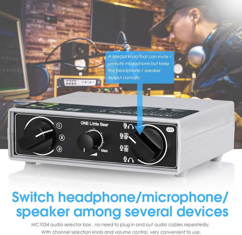 Portable 3-Way Audio Switcher Box Splitter for Headphone Microphones