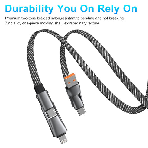 4 in 1 Multi Charging Cable, PD 60W Fast Charging USB C Multi Charger Cable, Zinc Alloy Flat Braided with Velcro Strap