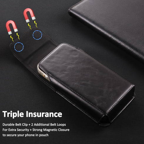 Premium Leather Phone Holster for iPhone 15, 14, 13, 12, 11, XR & Galaxy S24, S23, S22 - Black with Belt Clip.
