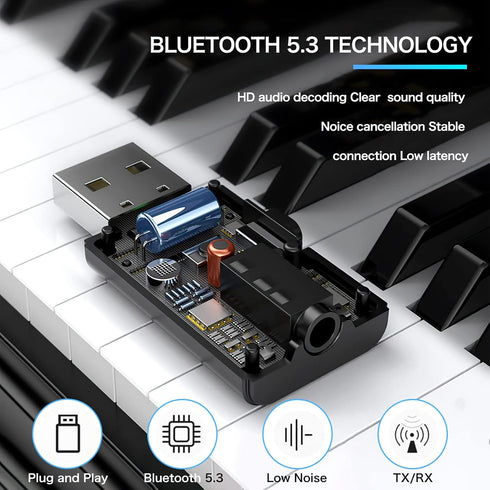 2 in 1 Bluetooth V5.3 Transmitter Receiver, USB Bluetooth Adapter for TV to Bluetooth Headphones, Low Latency