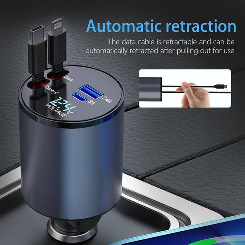 Retractable Car Charger, 66W 4 in 1 Super Fast Charging with 2 Retractable Cables and 2 USB Ports for iPhone