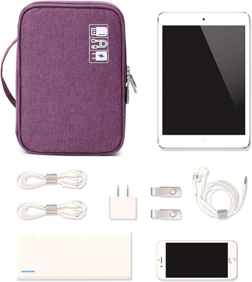 Travel Cable Organizer Bag, Portable Double Layer Case for Cord, Phone, Charger, SD Card (Purple)