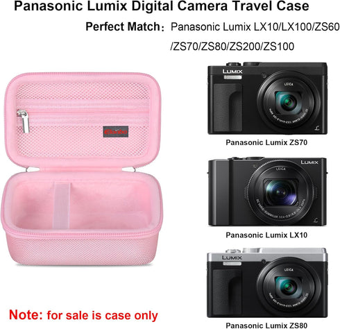 Carrying Case for Panasonic Lumix LX10/ LX100/ ZS60/ ZS70/ ZS80/ ZS200/ ZS100 4K Digital Camera, Vlogging Camera Travel Bag Storage Cover, Mesh Pocket fits Battery Charger. Pink