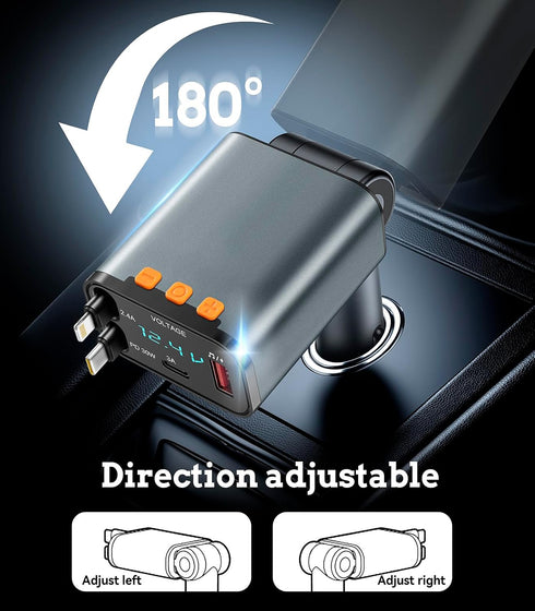 50W MP3 12V/24V PD Car Charger with Bluetooth FM, Retractable Type-C & Lightning Cables, Hands-Free Calling Kit, USB