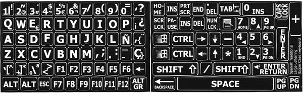 Spanish Traditional Large Letters Upper CASE Black Background Keyboard Sticker for Computers