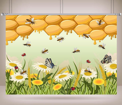 CORFOTO 10x8ft Fabric Honeycomb Bee Backdrop Golden Honeycomb Daisies Butterflies Insects Nature Scene Photography