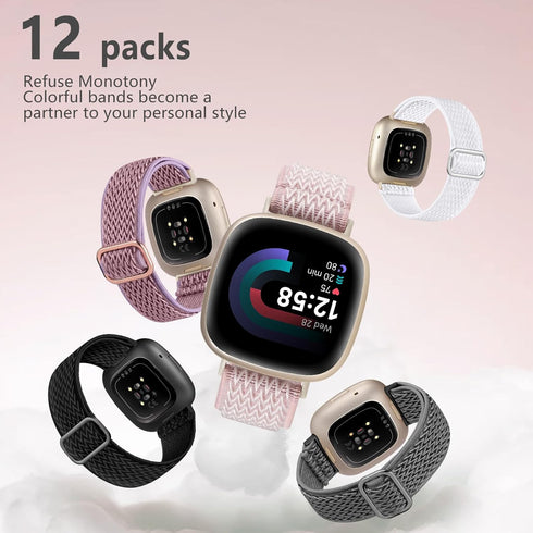 GEAK 12 Pack Elastic Nylon Band for Fitbit Versa 3/Fitbit Versa 4/Sense, Breathable Sport Strap