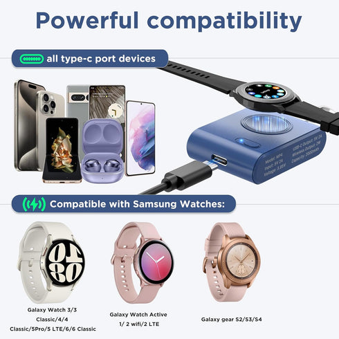 Portable Watch Charger for Samsung, 2000mAh 2-in-1 Magnetic Charger, Travel Wireless Power Bank for Galaxy Watch 6/6