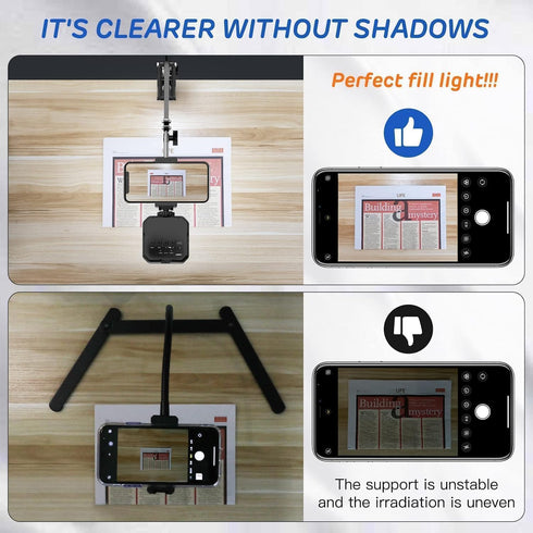 Overhead Phone Mount, Articulating Arm Cell Phone Holder with LED Light, Flexible Phone Stand for Live Streaming, Video