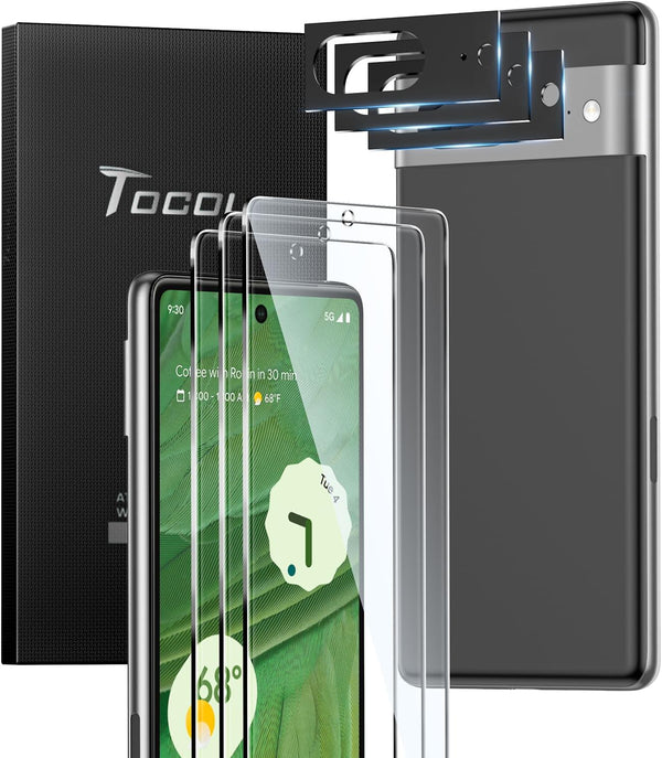 TOCOL 3+3 Pack for Google Pixel 7 Screen Protector, Tempered Glass & Camera Lens Protector, 10X Military Shatterproof