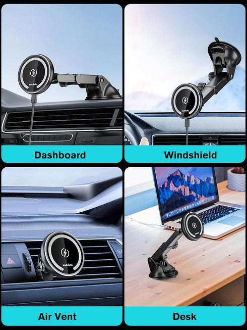 Wireless Car Charger with Fast Max 36W QC3.0 Adapter, Magnetic Magsafe Mount, Retractable Phone Holder for iPhone
