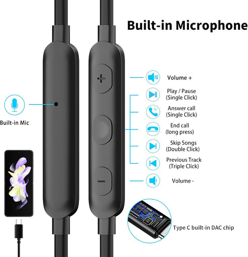 USB C Headphones with Mic, Wired Earbuds for Galaxy S24 S23 FE S22 S21 iPhone 15, Magnetic Noise Canceling in-Ear