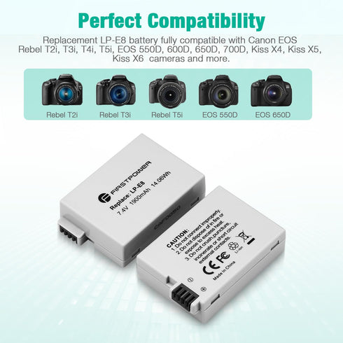 FirstPower LP-E8 Battery and Dual USB Charger Compatible with Canon EOS Rebel T2i, T3i, T4i, T5i, EOS 550D, 600D, 650D,