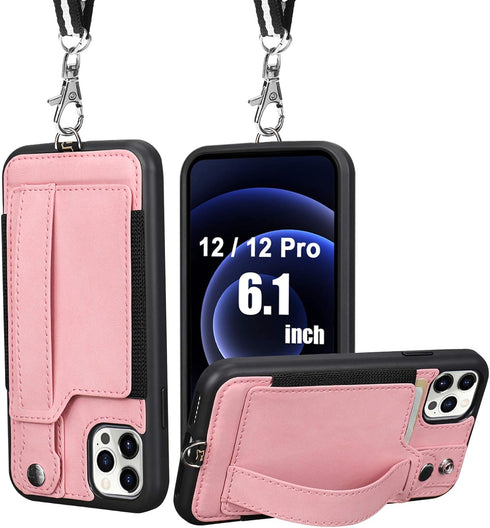 TOOVREN Lanyard Case for iPhone 12/12 Pro with Strap, Slim Designer Wallet Protective Case with Card Holder Pink