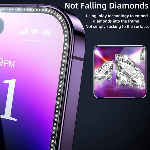?2 PACK? Diamond Luminous Edge Tempered Glass Film for iPhone 15Pro Screen Protector, 1 Clear HD + 1 Anti Spy, Case