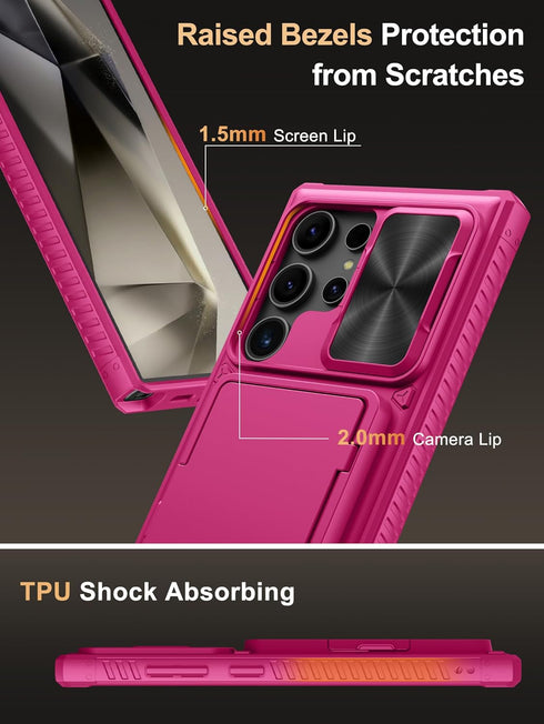 Vihibii for Samsung Galaxy S24 Ultra Case with Card Holder (4 Cards), Slide Camera Cover & Kickstand, Shockproof Rugged