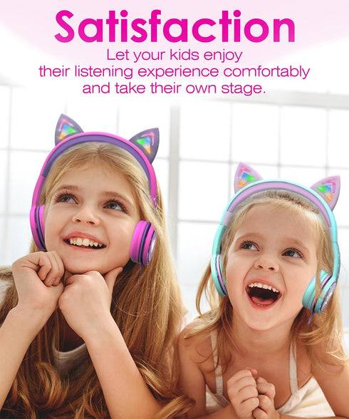 FosPower Kids Headphones with LED Cat Ears, 85 dB Safe Volume, Tangle-Free Cables, Hot Pink/Purple for School/Travel.