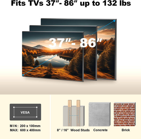 Full Motion TV Wall Mount Bracket for 37-86 Inch TVs, Up to 132lbs, Swivel and Tilt Articulating Wall Mount