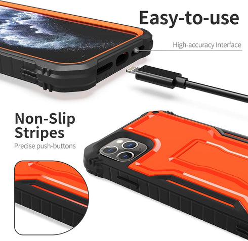 ExoGuard Rubber Shockproof Full-Body Case for iPhone 11 Pro with Built-in Screen Protector and Kickstand (Orange)