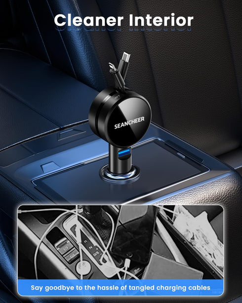 Retractable Car Charger for iPhone and Android, Fast Charging with Retractable Cords (2.6Ft), USB-C Ports, Compatible