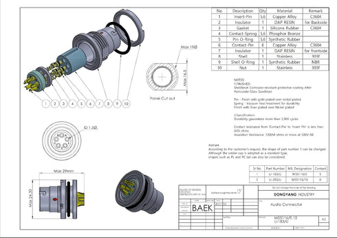 Military Audio Connector U-329/U & U-283/U 1 Set (MIL-C-55116, 6Pin Male & Female for PRC-148, 152)