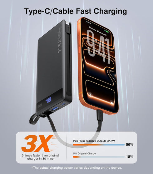 TEMINICE 2 10000mAh, 22.5W Pack, 17 16 15 etc(1 Power Bank with Built-in Cables PD Slim Portable Charger USB C Battery