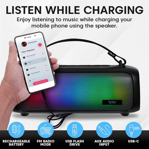Tyler MP3 Wireless Bluetooth Speaker RGB Lighting Long Range Rechargeable Boombox USB AUX Inputs Fm Radio Sound & Bass