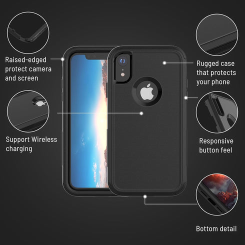 iPhone XR Case - Heavy Duty 3-Layers Shockproof & Dropproof Cover with Tempered Glass Protector (Black) 6.1 Inch