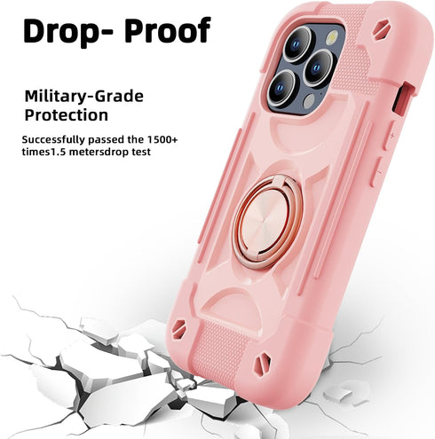 iPhone 15 Pro Case 6.1" - Rugged Military-Grade Shockproof Cover with Ring Stand, Glass & Camera Lens Protectors (Pink)