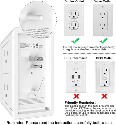 5-Outlet Wall Charger Surge Protector with 4 USB Ports - 1680J Multi Plug for Home, Office, Travel