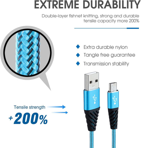 Fast Phone Charger Android 10ft 5-Pack Long Micro USB Cable Braided for Samsung Galaxy J3, J7, S6, S7 Edge, Note