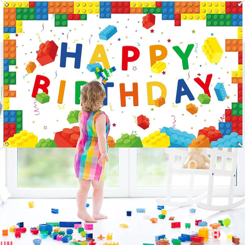 chiazllta 71 43 Building Blocks Happy Birthday Banner Colorful Blocks Birthday Party Decorations Backdrop Photography