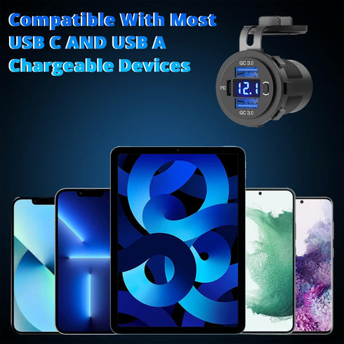 Qidoe 12V USB Outlet Dual 18W Quick Charge 3.0 Port & 30W PD Car Charger Socket with Voltmeter