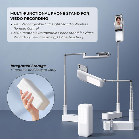beyonday Foldable Phone Holder for Recording, Selfie Stand with Rechargeable LED Light & Wireless Remote Control