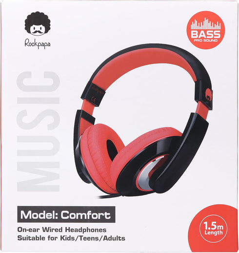 rockpapa Comfort Kids Headphones - Lightweight Over-Ear Wired 3.5mm for School, Travel, Black/Red