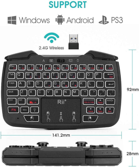 Rii RK707 Backlit 3 in 1 Wireless Game Controller, 62-Key Rechargeable Keyboard Mouse Combo for PC/Raspberry Pi/Android
