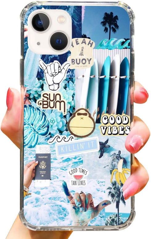 Good Vibes Picture Collage Phone Case for iPhone 13, Summer Sea Beach Blue Cover for Women Men Girls Boys, Trendy TPU