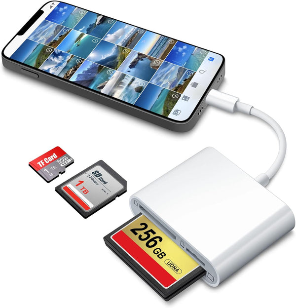 DenicMic SD CF Card Reader - Compatible with iPhone 14 13 12 11 X XS/iPad, No Need App