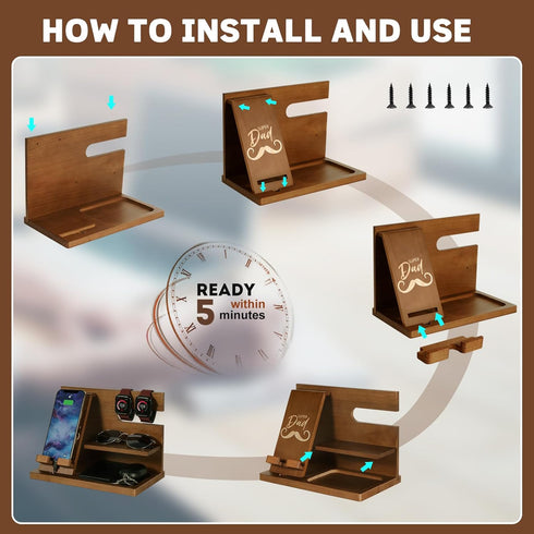 AliveByte Fathers Day for Dad, Dad Birthday Gifts, Wood Phone Docking Station, Nightstand Organizer, Gifts for Dad