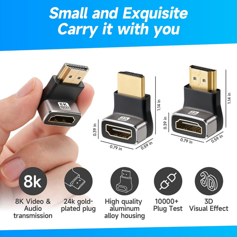 8K HDMI 2.1 Adapter 90 Degree and 270 Degree, Right Angle HDMI Male to Female Connector Converter, 2 Pack