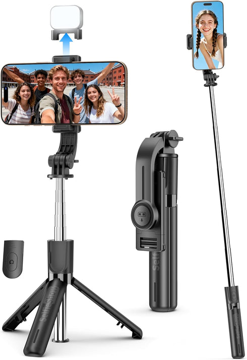 SelfieShow Mini Selfie Stick Travel Tripod for Cell Phone with Light, Extendable Selfie