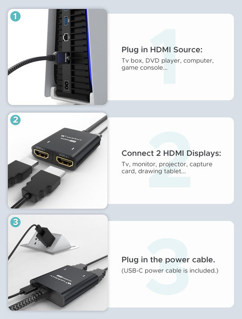 WARRKY HDMI Splitter 4K, 1x2 HDMI Display Duplicate/Mirror, USB-C Powered Splitter with Metal Shell and Braided Cable
